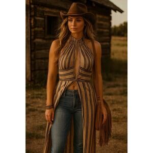 Free People New Romantics Striped Jumpsuit Festival Halter Top Chaps Large Linen